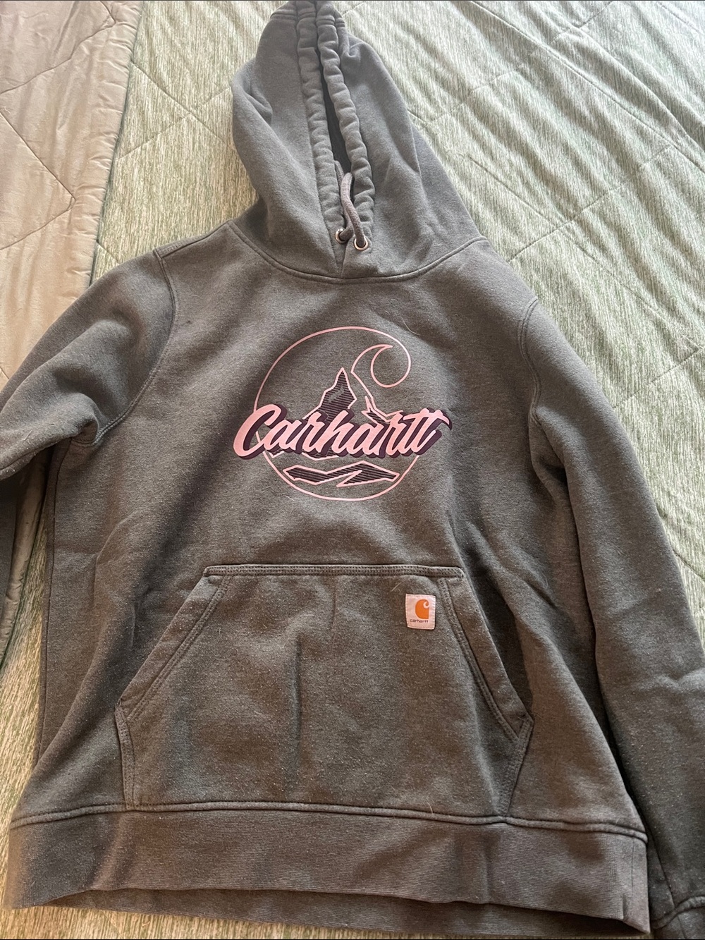 Carhartt Dark Gray Hoodie with Pink Logo Graphic